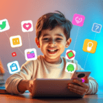 Kids using AI-powered learning apps on tablets and laptops, surrounded by math, reading, and coding icons in a futuristic setting.