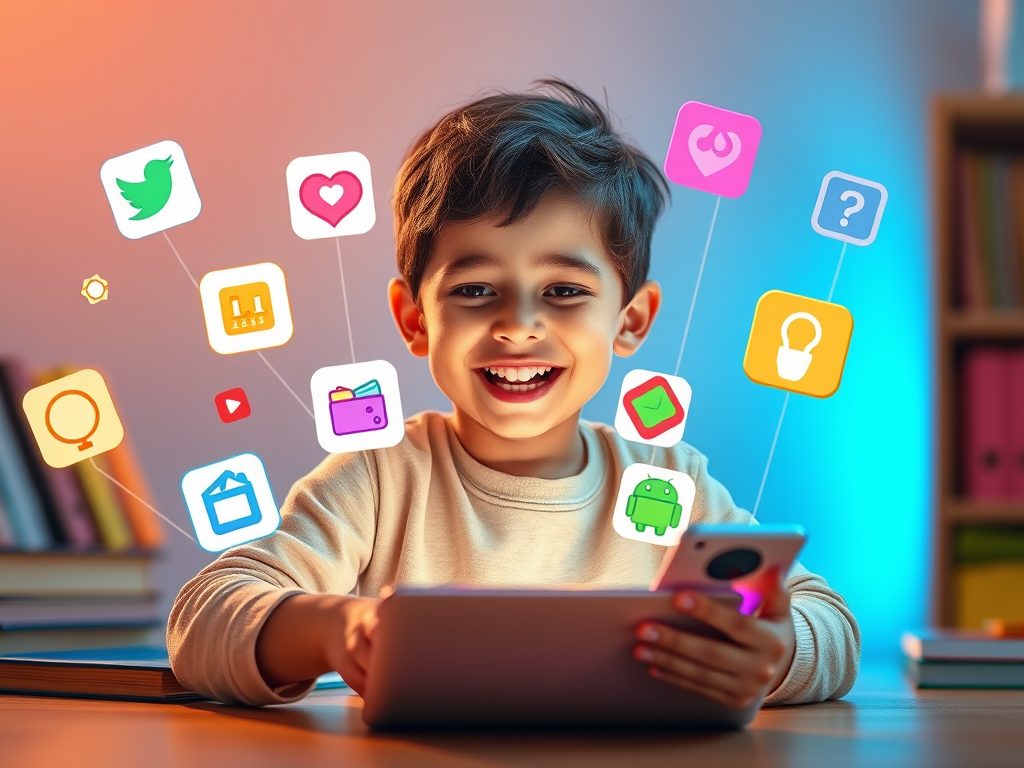 Kids using AI-powered learning apps on tablets and laptops, surrounded by math, reading, and coding icons in a futuristic setting.