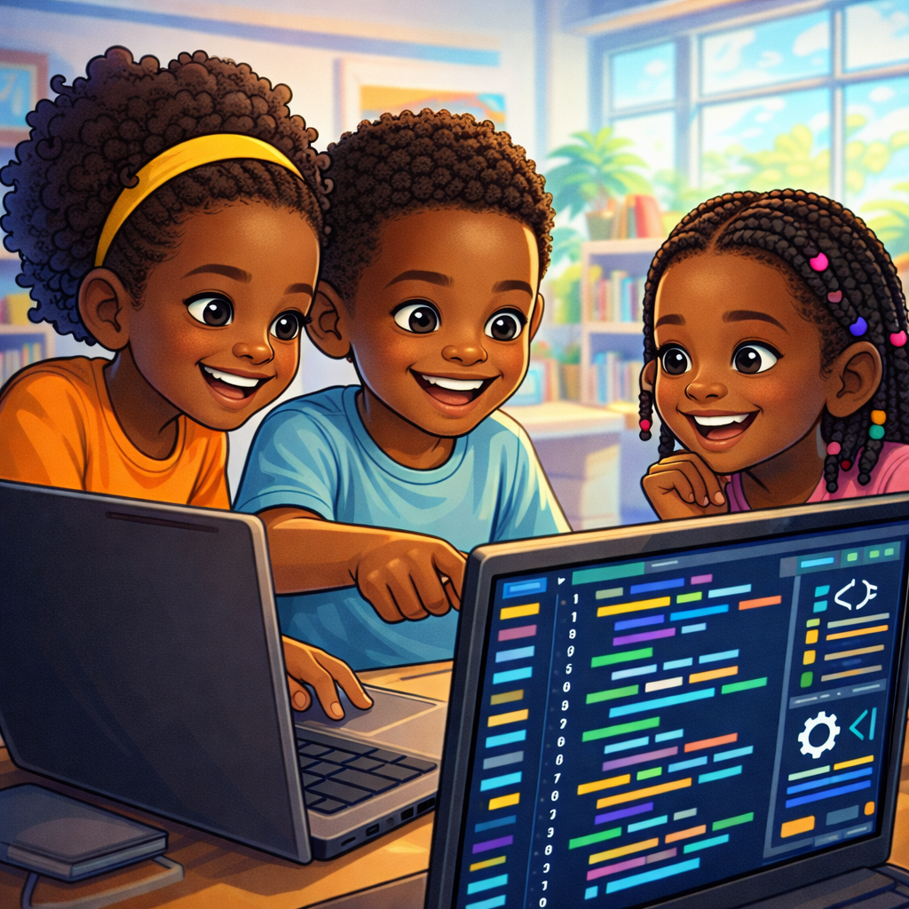 African children learning coding together