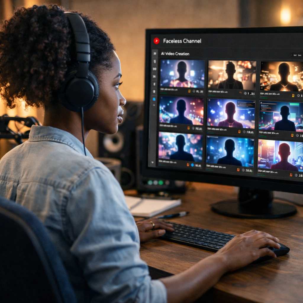 African creator building faceless YouTube channel with AI videos
