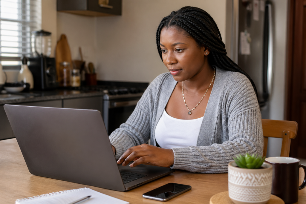 African woman earning money with AI writing tools from het kitchen