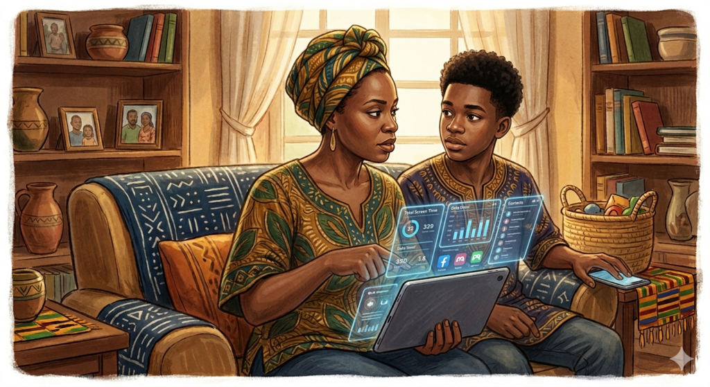 African parent talking to child about AI risks online