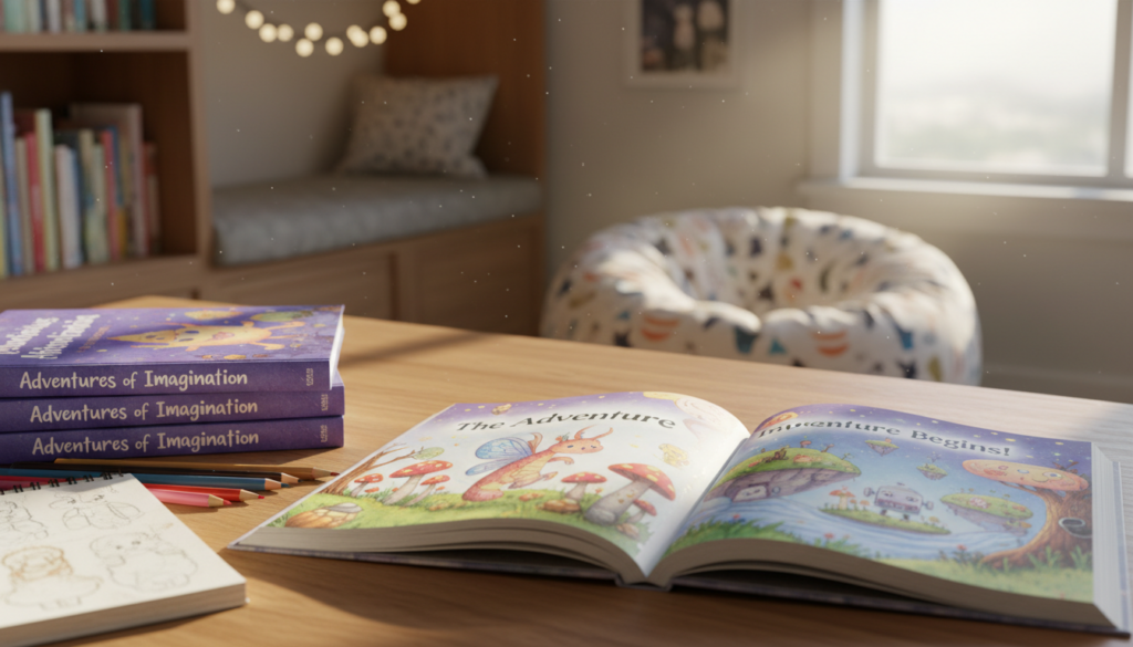 A beautifully arranged children's book on a wooden table, showcasing vibrant illustrations and engaging text. The foreground features the open book, with colorful pages depicting whimsical characters in a fantastical landscape. In the middle, a stack of professionally printed children's books with glossy covers, titled "Adventures of Imagination," alongside art supplies like colored pencils and sketchbooks, signifying the creative process. In the background, a softly lit, inviting children's reading nook with plush cushions and shelves filled with various children's books, fostering a warm, imaginative atmosphere. The scene is illuminated by natural sunlight streaming through a nearby window, creating a cozy and inspiring environment. The brand "House of Chrys" is subtly displayed on the spine of the book on the table, enhancing the sense of a high-quality publication.