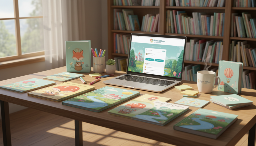 A beautifully arranged workspace showcasing an array of ready-made book templates elegantly displayed on a wooden desk. In the foreground, vibrant book cover designs in pastel colors and whimsical illustrations, featuring playful characters and enchanting landscapes, are neatly organized. The middle of the image boasts an open laptop with a user-friendly interface of an AI children book generator, surrounded by colorful stationery and a steaming mug of tea. The background shows a soft-lit, cozy room with a bookshelf filled with children’s books, enhancing the creative atmosphere. Warm, natural lighting filters through a nearby window, casting gentle shadows. The mood is inviting and inspiring, perfect for budding storytellers. Branded elements with "House of Chrys" subtly integrated into the design, ensuring a professional appearance without distractions.