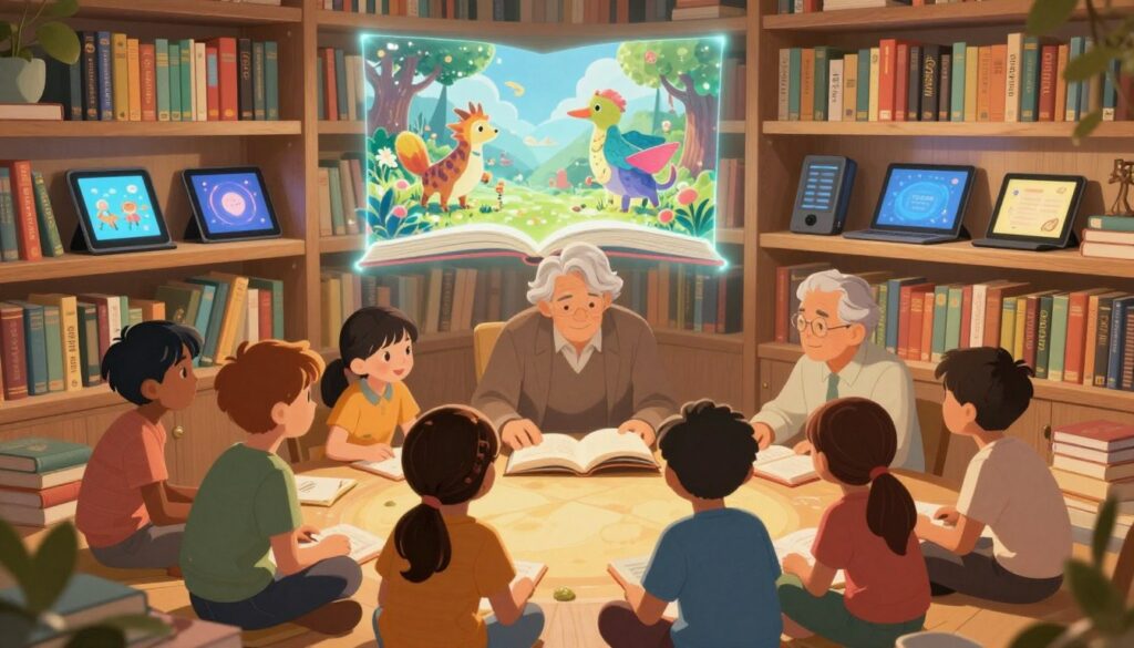 A beautifully illustrated scene that merges traditional and modern storytelling, featuring a cozy library filled with colorful books and modern digital devices. In the foreground, a diverse group of children, dressed in casual but tidy clothing, is gathered around an elderly storyteller with silver hair, fervently sharing tales from a book. The middle layer shows a holographic projection of a whimsical landscape with fantastical creatures emerging from the pages, bringing stories to life. The background features shelves lined with classic storybooks alongside tablets and laptops, representing the fusion of old and new. Soft, warm lighting casts a magical glow, creating an inviting and inspiring atmosphere. The scene embodies creativity and imagination, branded with "House of Chrys" subtly integrated into the library design, enhancing the sense of wonder.