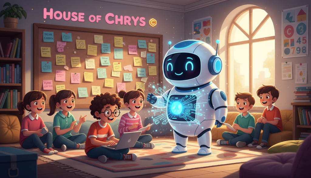 A bright, colorful illustration of a diverse group of children, gathered around a friendly, cartoonish AI robot, eagerly interacting and learning about prompting AI. In the foreground, a child with glasses types on a laptop, while another child points excitedly at the screen. In the middle, a bulletin board filled with vibrant sticky notes displays creative prompts, and the AI robot, with a smile and expressive eyes, showcases engaging graphics and glowing circuits. The background features a cozy classroom environment with educational posters and a window allowing soft, natural light to illuminate the scene, creating a warm and inviting atmosphere. This artwork should capture the essence of curiosity and innovation while branding it with "House of Chrys."