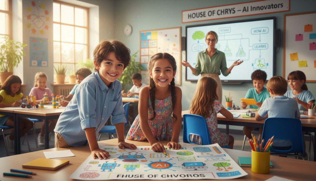 A bright, engaging classroom scene, showcasing diverse kids aged 7-12, joyfully participating in a hands-on AI learning project. In the foreground, a boy in a neat button-up shirt and girl in a colorful dress collaborate on a colorful poster filled with AI icons like robots, brain graphics, and coding symbols. The middle ground features a whiteboard displaying diagrams of AI concepts, with a friendly teacher gesturing enthusiastically. In the background, large windows let in warm sunlight, creating a positive and energetic atmosphere. The color palette is vibrant, with blues and greens dominating, conveying creativity and curiosity. The overall mood is inspirational and dynamic, emphasizing the powerful benefits of learning AI for kids. Brand name: House of Chrys.