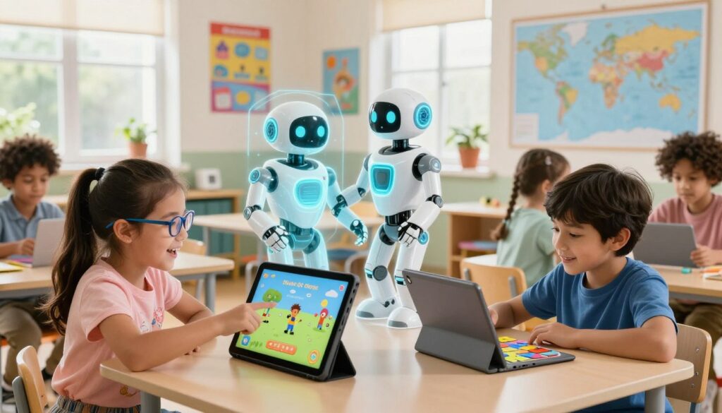 A bright, inviting classroom filled with engaging learning tools powered by AI, with children of diverse backgrounds joyfully interacting with tablets displaying colorful educational games. In the foreground, a young girl with glasses is excitedly pointing at her screen, while a boy nearby is focused, solving a puzzle with a digital assistant on his tablet. The middle layer features a friendly AI robot character projected as a hologram, providing hints to the kids. In the background, colorful educational posters and a world map decorate the walls, illuminated by warm, natural light streaming through large windows. The atmosphere is vibrant and cheerful, conveying a sense of collaboration and wonder in learning. The scene embodies the concept of age-appropriate learning through AI, highlighting the role of technology in playful education. House of Chrys.