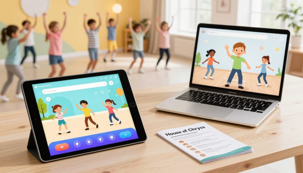 A bright, modern workspace showcasing a variety of AI tools for children's dance instruction. In the foreground, a sleek tablet displays a vibrant interface of a dance app for kids, with colorful graphics and user-friendly controls. To the right, a laptop features a live demo of an animated dance character guiding children through moves, while a folded brochure titled "House of Chrys" lays beside it, highlighting their offerings. The middle ground includes a playful and engaging backdrop of a playful dance studio with joyful children practicing moves, dressed in modest casual clothing. Soft, warm lighting brightens the scene, emphasizing a fun and educational atmosphere. The angle is slightly overhead, capturing both the tools and the kids dancing, filling the viewer with a sense of excitement and positivity about learning dance through technology.
