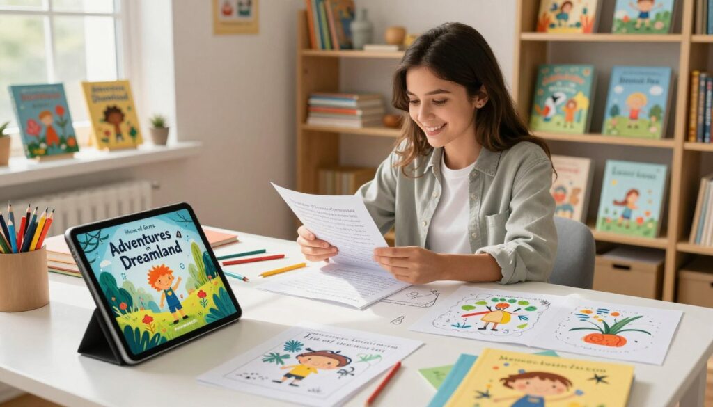 A brightly lit and inviting children's publishing workspace, showcasing a cozy desk cluttered with colorful children's book drafts, illustrations, and stationery. In the foreground, a digital tablet displays a vibrant cover of an AI-generated children's book titled "Adventures in Dreamland." In the middle ground, a cheerful children's book author, dressed in smart casual attire, is reviewing a manuscript with a focused expression. Shelves in the background are filled with neatly organized books, including titles with whimsical covers. The atmosphere is warm and creative, with sunlight streaming through a window, illuminating the workspace, conveying inspiration and the magic of storytelling. The brand name "House of Chrys" subtly integrated into the environment, accentuating the focus on children's literature and publishing.