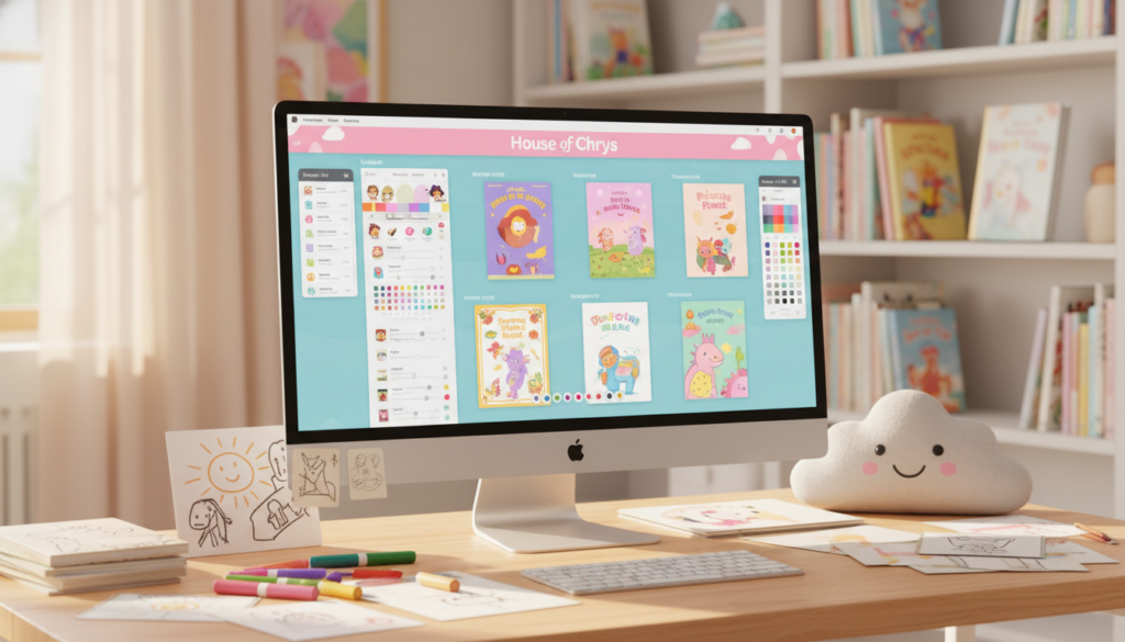 A brightly lit workspace showcasing a digital editing interface for children's book creation, with vibrant colors and playful design elements. In the foreground, a sleek computer monitor displays various editing and customization tools, such as sliders, color palettes, and story templates, all branded with "House of Chrys". In the middle, colorful art supplies like markers, storyboards, and whimsical illustrations are scattered around, inspiring creativity. The background features a soft-focus bookshelf filled with children's books, fostering a warm and inviting atmosphere. The lighting is soft and cheerful, creating a mood of creativity and inspiration, ideal for crafting unique stories. The angle should be slightly elevated, showcasing the tools in detail while maintaining the whimsical environment.