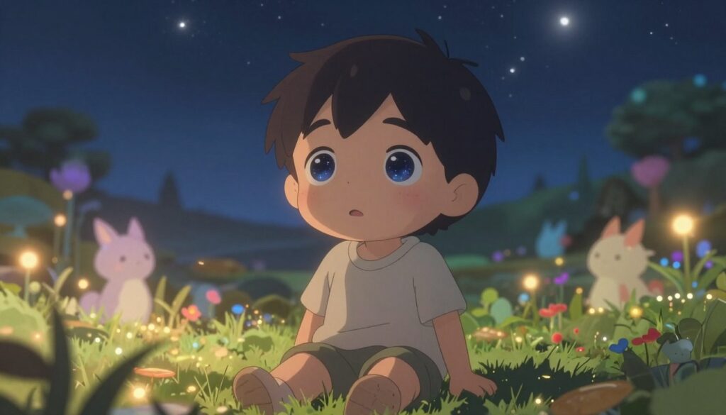 A captivating scene showcasing a child character inspired by Hoshina Ai, centered with a look of wonder, featuring large, starry eyes that reflect the cosmos. In the foreground, the child has an expressive face, wearing modest casual clothing that conveys innocence and curiosity, sitting on a grassy knoll. The middle ground softly transitions into a whimsical landscape, filled with glowing plants and ethereal creatures that hint at a narrative of reincarnation and exploration. The background reveals a deep, star-studded sky, softly illuminated by a gentle moonlight, creating a dreamlike atmosphere. The lighting is warm and inviting, captured with a shallow depth of field to highlight the child while blurring the enchanting scenery around. This artwork embodies the magical essence of the Hoshina Ai children narratives for "House of Chrys."