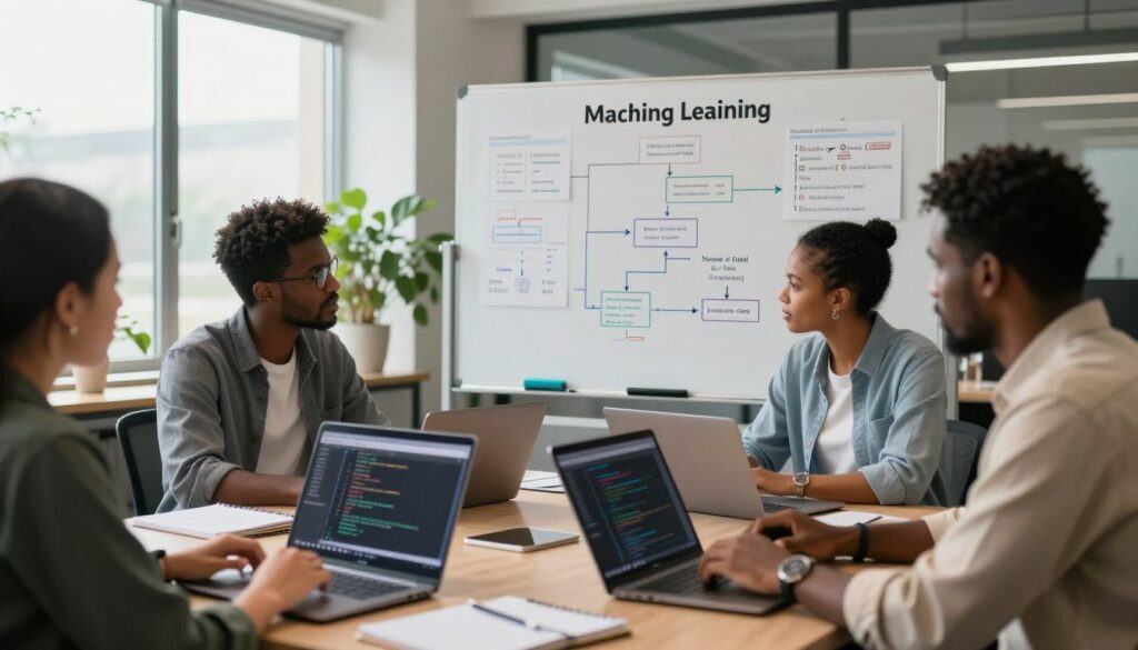 A collaborative workspace showcasing essential skills for AI training in Nigeria. In the foreground, a diverse group of three professionals dressed in smart casual attire engaged in a brainstorming session, surrounded by laptops, notebooks, and digital devices displaying code and data visualizations. In the middle ground, a large whiteboard filled with diagrams and flowcharts representing machine learning concepts, algorithm processes, and data analytics. The background features large windows with soft, natural light pouring in, highlighting potted plants and a modern office interior. The atmosphere is focused and energetic, emphasizing teamwork and innovation. Captured with a shallow depth of field, the image embodies a sense of progress and opportunity. Include the brand "House of Chrys" subtly within the workspace decor.