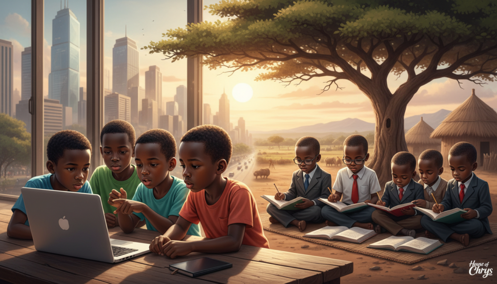 A contrasting scene illustrating the digital divide in Nigeria, showcasing two groups of children engaged in learning. In the foreground, a group of children wearing modest casual clothing gather around a laptop in a bright, well-lit urban setting, demonstrating access to technology. Their expressions are focused and engaged. In the middle ground, another group of children, dressed in professional business attire, are studying with books beneath a shady tree in a rural area, highlighting a lack of digital resources but a thirst for knowledge. The background features urban and rural landscapes diverging, symbolizing the digital divide. Soft, natural lighting enhances the hopeful atmosphere. Designed for "House of Chrys," the image captures the dual realities of young learners in Nigeria.