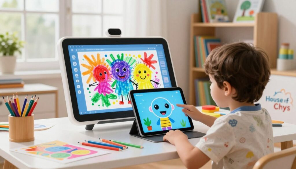 A cozy, bright room filled with colorful, educational children’s art supplies and interactive technology. In the foreground, a young child, wearing casual, playful clothing, interacts with a friendly AI avatar displayed on a tablet, responding to the child's voice. The middle section includes a vibrant digital canvas, showcasing a stunning creation in progress, blending imaginative drawings and bright splashes of color generated by AI. Soft, natural light streams in through a window, creating a warm and inviting atmosphere. The background features a bookshelf filled with children's books and art projects, and the logo "House of Chrys" subtly displayed on a nearby table. The scene conveys a sense of creativity, curiosity, and fun, embodying the joy of learning through art and technology.