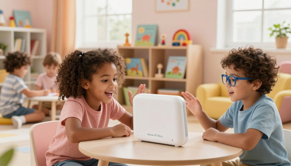 A cozy, colorful room designed for pre-readers, featuring a diverse group of children engaged in voice-first interactions with a sleek AI device. In the foreground, two children, a girl with curly hair and a boy with glasses, excitedly speak to the device, their expressions filled with curiosity and joy. The middle ground shows shelves filled with brightly illustrated books and educational toys, emphasizing a playful learning environment. The background reveals sunny windows letting in warm, inviting light, creating a cheerful atmosphere. Soft, pastel colors dominate the scene, enhancing a sense of wonder and creativity. The image should reflect an innovative blend of technology and early childhood education, branded subtly with the logo of "House of Chrys," capturing the essence of learning through play.