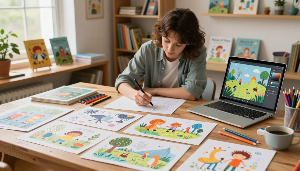 A cozy, inviting workspace filled with colorful illustrations and materials for planning children's book visuals. In the foreground, a large wooden table displays sketches of whimsical characters and enchanting landscapes, alongside vibrant colored pencils, markers, and a laptop open to digital design software. In the middle, an artist, dressed in a casual yet professional outfit, intently refines a drawing, illuminated by warm, soft lighting from a nearby window. In the background, shelves filled with children's books and art supplies create an inspiring atmosphere. The overall mood is creative and collaborative, evoking excitement and wonder about storytelling through visuals. The brand name "House of Chrys" is subtly integrated into the scene, enhancing the artistic essence without being intrusive.