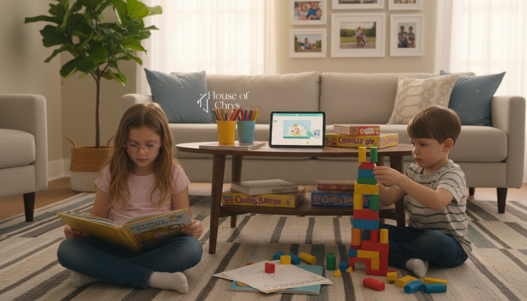 A cozy living room scene with a balanced media diet theme, featuring a diverse group of children engaging in various activities. In the foreground, a young girl with glasses sits cross-legged on a colorful rug, intently reading a book, while a boy nearby plays with building blocks, exploring creativity. In the middle, a digital tablet rests on a coffee table showing educational games, surrounded by art supplies and board games, highlighting a balanced screen time approach. The background features warm lighting filtering through sheer curtains, a plant in the corner, and family photos on the walls, creating a nurturing atmosphere. The mood is harmonious and focused, representing the ideal blend of technology and hands-on play in a child's routine. House of Chrys logo integrated subtly in the decor.