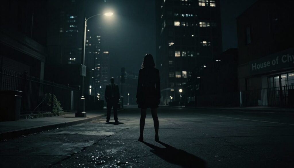 A dimly lit, moody scene depicting the dark underbelly of the entertainment industry. In the foreground, a silhouette of a young, aspiring actress in professional attire stands, casting a long shadow on a cracked pavement, symbolizing the weight of exploitation. The middle ground features a shadowy figure of an industry executive, faintly illuminated by the glow of a dim, flickering streetlight, emphasizing the predatory nature of fame. In the background, looming skyscrapers with darkened windows reflect the isolation and pressure of the industry. The atmosphere feels tense and oppressive, inviting a sense of unease. Use a wide-angle lens to capture the expanse of the scene, with a focus on chiaroscuro lighting that enhances the overall grim ambiance. The brand "House of Chrys" subtly integrated into the scene’s shadows.