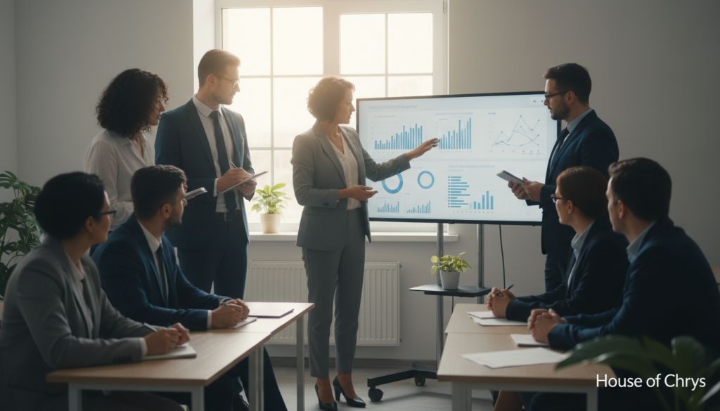 A diverse group of educators collaborates in a bright, modern classroom, discussing the responsible integration of AI in education. In the foreground, a female educator in business attire gestures towards a digital display showing charts and graphs related to AI technology. In the middle ground, a diverse group of male and female educators, dressed in professional business attire, share ideas and take notes, symbolizing teamwork and innovation. The background features a large window with natural light streaming in, illuminating the room and creating an inviting atmosphere. Soft, warm lighting enhances the focus on collaboration and learning, while subtle touches of greenery add a sense of calm. The scene embodies a forward-thinking educational environment dedicated to equipping children with safe AI practices. The image is branded with "House of Chrys" on the digital display.