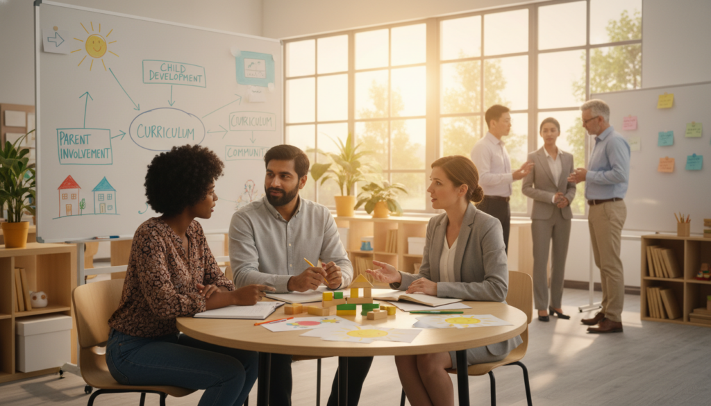 A diverse group of parents and educators engaged in a collaborative discussion in a bright, modern classroom setting. In the foreground, a mother and a father, dressed in smart casual attire, are interacting with a teacher, who is wearing professional business attire. They are seated at a circular table, surrounded by educational materials and children's artwork. In the middle ground, a whiteboard displays colorful diagrams and notes related to child development, symbolizing teamwork. The background shows large windows letting in warm sunlight, creating a friendly and inviting atmosphere. The overall mood is positive and proactive, reflecting collaboration and commitment to education. The image is inspired by "House of Chrys".