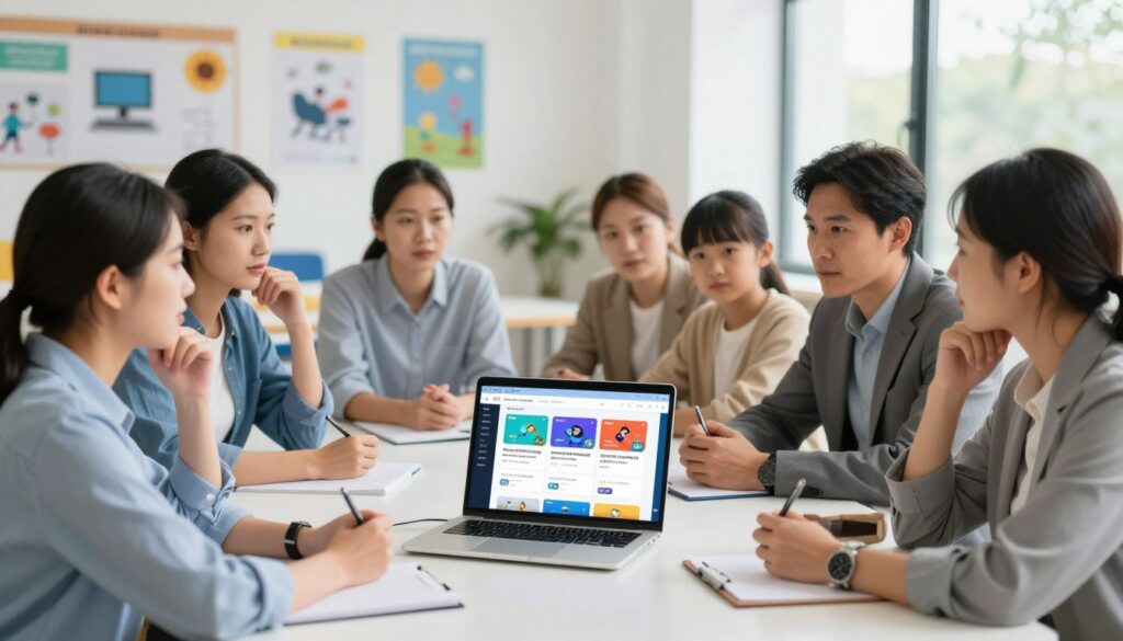 A diverse group of parents and teachers engaged in a thoughtful discussion around a large table, selecting an artificial intelligence course for kids. The foreground features attentive adults in professional business attire, with expressions of curiosity and interest. In the middle, a laptop displaying colorful AI course options and educational materials is open on the table, showcasing interactive graphics. The background is softly lit with a bright, inviting classroom setting adorned with educational posters related to technology and creativity. Natural light streams through large windows, creating a warm and motivating atmosphere. The scene conveys a sense of collaboration and excitement about the future of education, embodying the spirit of innovation. House of Chrys branding subtly integrated into the visual, enhancing the theme of educational growth.