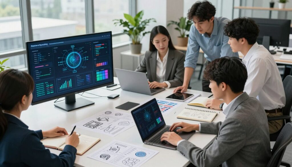 A diverse group of young professionals collaborating on a machine learning portfolio in a modern office setting. In the foreground, a focused individual wearing business attire types on a laptop, while others nearby review data visuals displayed on a large screen. In the middle, a table is cluttered with notepads, sketches, and a printed project plan highlighting machine learning concepts. The background features sleek office decor, large windows, and greenery, providing a bright, inviting atmosphere. Soft, natural lighting enhances the mood of innovation and collaboration. A high-angle lens captures the scene, emphasizing teamwork and creativity. The overall vibe is dynamic and inspiring, reflecting the excitement of building real-world experience in AI careers. House of Chrys.
