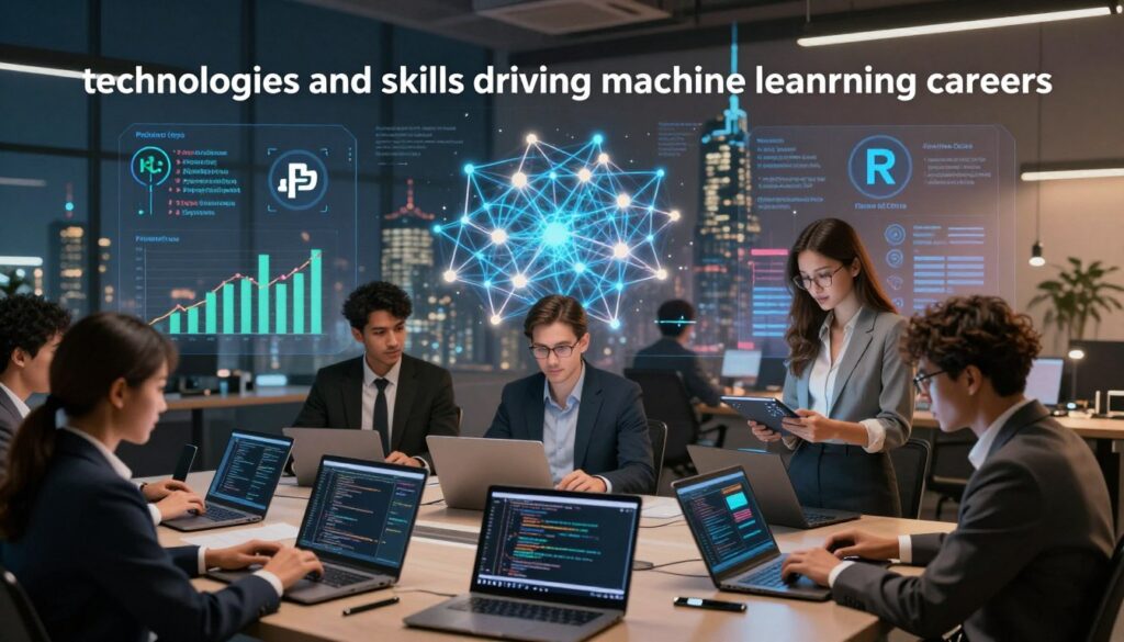 A dynamic and engaging visualization of "technologies and skills driving machine learning careers." In the foreground, a diverse group of professionals in business attire are deeply engaged with laptops and tablets, showcasing coding and data analysis. The middle ground displays vibrant digital graphs and neural network visuals, symbolizing machine learning concepts, along with icons of programming languages like Python and R. In the background, a futuristic city skyline represents innovation and technology. Soft, ambient lighting provides a warm yet professional atmosphere, enhancing the sense of collaboration and creativity. The image should be sharp and clear, captured from a slightly elevated angle to encompass the various elements. Branded with "House of Chrys" subtly integrated into the design, without text overlays or watermarks.