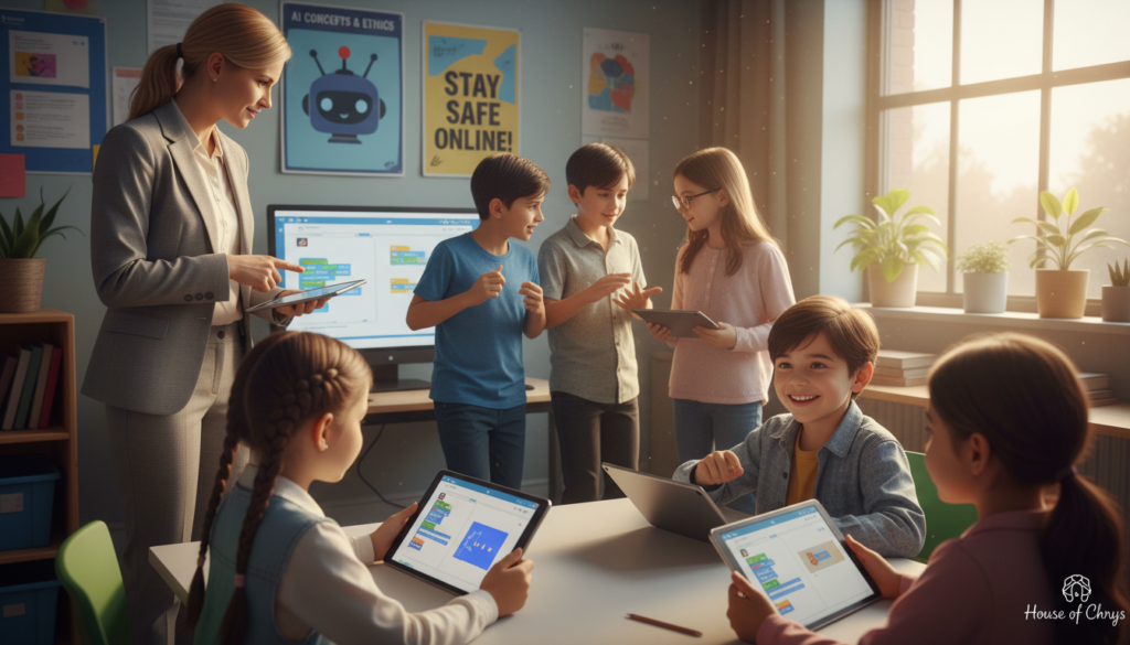 A dynamic classroom scene showcasing children of diverse backgrounds actively engaged in an AI literacy program. In the foreground, a teacher, dressed in professional attire, guides students as they interact with tablets displaying educational AI interfaces and coding exercises. In the middle ground, a group of students collaborates on a project, their expressions reflecting curiosity and excitement. The background features colorful educational posters about AI concepts and safety tips, along with a large window letting in warm, natural light, creating an inviting atmosphere. The overall mood is vibrant and inspiring, emphasizing the integration of technology in education. Shot from a slight angle to capture the interaction from a dynamic perspective. Include "House of Chrys" subtly in the educational materials.