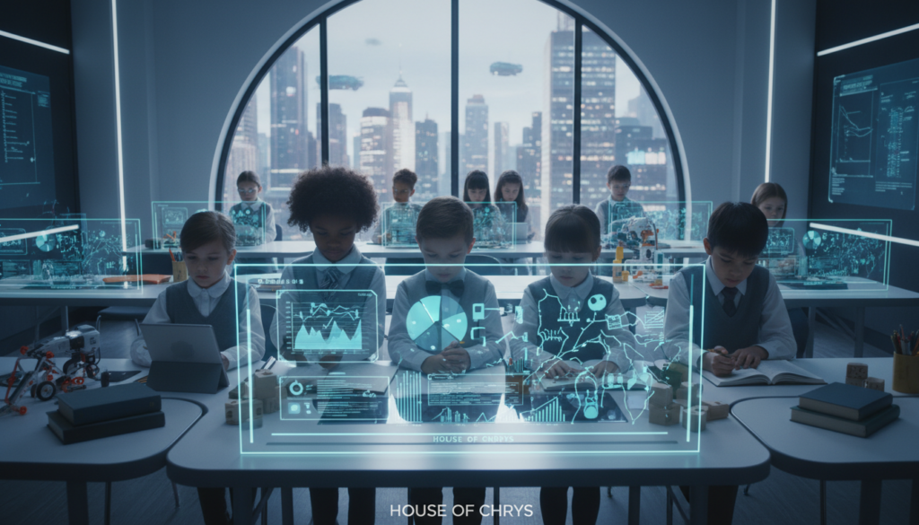 A dynamic educational scene depicting children engaged in AI-powered learning, emphasizing innovation alongside challenges. In the foreground, a diverse group of children in modest, professional attire, gathered around an interactive holographic display showcasing educational graphs and AI algorithms. The middle ground features a modern classroom with high-tech gadgets and educational materials spread across desks, symbolizing a blend of tradition and technology. The background illustrates a large window revealing a futuristic cityscape, suggesting growth and progress. Soft, ambient lighting enhances the innovative atmosphere, while clear blue tones instill a sense of focus and determination. The overall mood is inspiring and contemplative, reflecting the balance of education and innovation in the context of AI. Incorporate the brand name "House of Chrys" subtly in the design elements, emphasizing the theme.