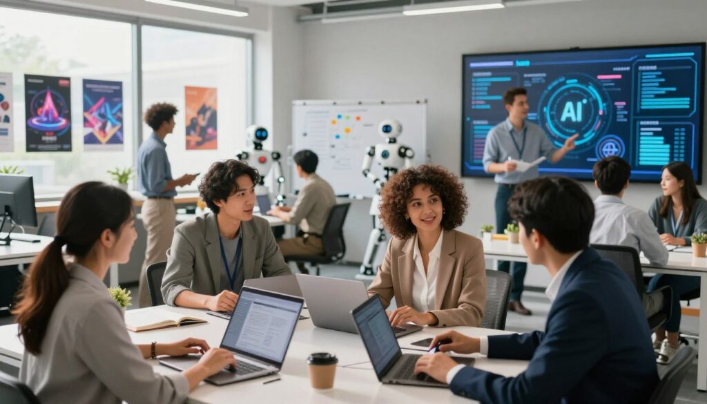 A dynamic office environment showcasing diverse professionals engaged in AI career opportunities. In the foreground, a mixed group of two women and two men, dressed in professional business attire, are collaborating around a table with laptops and digital devices. One individual is presenting data visualizations on a large screen in the background. The middle ground highlights an open workspace filled with AI-themed posters and motivated employees brainstorming at whiteboards. Bright, natural lighting pours in through large windows, creating a warm and inviting atmosphere. The background features futuristic AI-related technology, like robots and data analytics displays. The overall mood is energetic and inspiring, emphasizing growth and innovation in AI careers. House of Chrys logo subtly integrated in the workspace design.