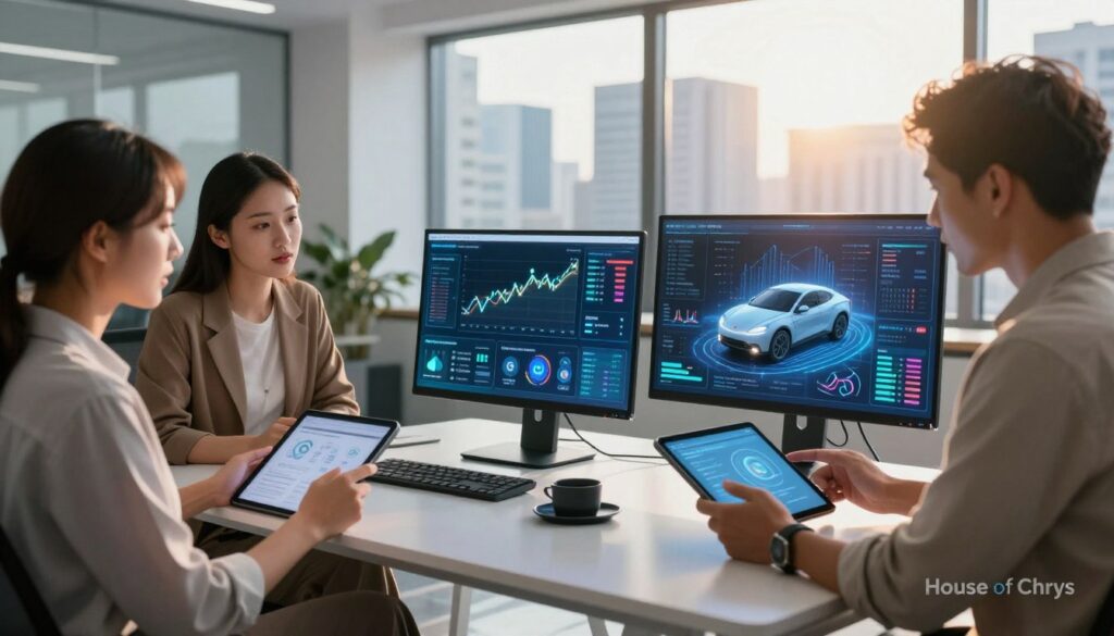 A dynamic office environment showcasing real-world AI applications across various industries. In the foreground, a diverse group of three professionals in smart casual attire discuss data on digital tablets, projecting engagement and collaboration. The midground features a sleek table with AI-driven gadgets, holographic displays of data analytics, and visualizations of industry-specific applications like healthcare diagnostics, financial analysis, and autonomous vehicles. The background includes a large window showing a vibrant cityscape, symbolizing innovation. Soft, natural lighting filters through the window, creating a warm and inspiring atmosphere, with a slight lens flare for a modern touch. This scene celebrates the fusion of technology and industry, branded with a subtle "House of Chrys" logo in the corner.