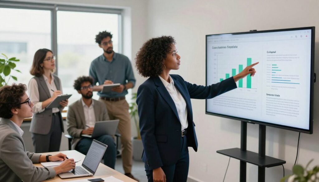 A dynamic office setting showcasing a diverse team of professionals engaged in a case study presentation on AI integration. In the foreground, a confident woman in a smart business suit points to a digital screen displaying graphs and insights related to generative AI applications in Nigeria. The middle ground features colleagues intently observing, jotting down notes, and discussing ideas, all dressed in business attire. In the background, large windows let in soft, natural light, illuminating a modern workspace with greenery. The overall atmosphere is one of collaboration and innovation, reflecting a transformative energy in technology. The entire scene embodies the theme of case studies and research insights, indicative of thoughtful exploration in AI. House of Chrys branding subtly embossed in the corner of the digital screen.