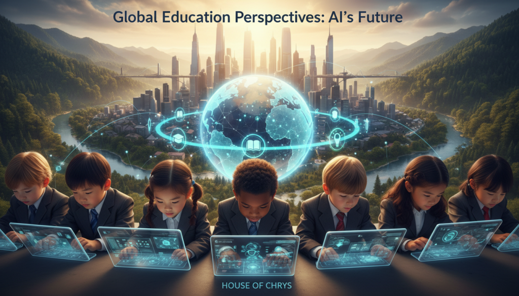 A dynamic scene representing "Global Education Perspectives" focused on the future of AI in education. In the foreground, a diverse group of children from various cultures, dressed in professional business attire, interact with futuristic tablets displaying educational AI interfaces. The middle ground features a globe adorned with digital icons symbolizing different educational technologies—books, graduation caps, and lightbulbs. In the background, a vibrant city skyline merges with lush landscapes, symbolizing the harmony between technology and nature. Bright, warm lighting casts a hopeful ambiance over the scene, showcasing an inspiring vision of global collaboration in education. Capture this moment with a wide-angle lens to emphasize depth and connection, reflecting innovation and unity. Created by House of Chrys.