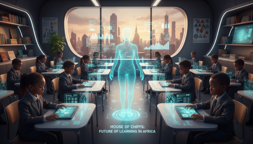 A futuristic classroom setting showcasing an artificial intelligence adaptive tutoring system. In the foreground, a diverse group of students, aged 8-12, attentively interacting with tablets displaying vibrant learning interfaces, all dressed in professional business attire. In the middle ground, a sophisticated AI hologram floats, projecting educational content, with dynamic graphs and interactive elements illustrating personalized learning pathways. The background includes shelves filled with books, educational posters, and a large window allowing soft, natural light to illuminate the scene. The atmosphere is one of curiosity and engagement, embodying the transformative power of AI in education. This image reflects the mission of "House of Chrys," emphasizing a forward-thinking approach to learning in Africa.