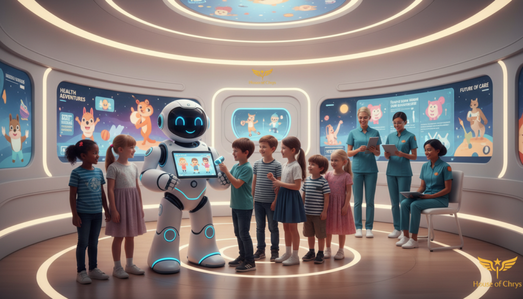 A futuristic pediatric healthcare scene, showcasing advanced AI technology in a children's hospital setting. In the foreground, a diverse group of children, aged 5-10, interacting with a friendly, humanoid AI robot that assists them with medical needs. The middle layer features doctors and nurses in professional attire, observing and supporting the interactions with a blend of compassion and innovation. In the background, bright, cheerful hospital design with colorful murals and interactive digital displays illustrating health information in an engaging way. Soft, warm lighting creates a welcoming atmosphere, emphasizing hope and comfort. The image embodies joy, curiosity, and the bond between technology and pediatric care, all branded with the logo of "House of Chrys" subtly integrated into the environment.
