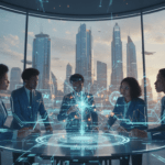A futuristic scene showcasing the vibrant trends in machine learning and deep learning focused on African innovation. In the foreground, a diverse group of professionals in smart business attire are engaged in a dynamic brainstorming session around a holographic display of neural networks and data visualizations. The middle ground features an abstract representation of interconnected data flows and AI algorithms, glowing with bright colors like blue and green to symbolize technological advancement. In the background, a modern skyline of an African city can be observed, reflecting growth and progress. Use soft, engaging lighting to enhance the collaborative atmosphere, shot with a slight upward angle to evoke inspiration and ambition. This image captures the essence of innovation in African AI, branded with "House of Chrys".