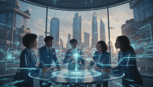 A futuristic scene showcasing the vibrant trends in machine learning and deep learning focused on African innovation. In the foreground, a diverse group of professionals in smart business attire are engaged in a dynamic brainstorming session around a holographic display of neural networks and data visualizations. The middle ground features an abstract representation of interconnected data flows and AI algorithms, glowing with bright colors like blue and green to symbolize technological advancement. In the background, a modern skyline of an African city can be observed, reflecting growth and progress. Use soft, engaging lighting to enhance the collaborative atmosphere, shot with a slight upward angle to evoke inspiration and ambition. This image captures the essence of innovation in African AI, branded with "House of Chrys".