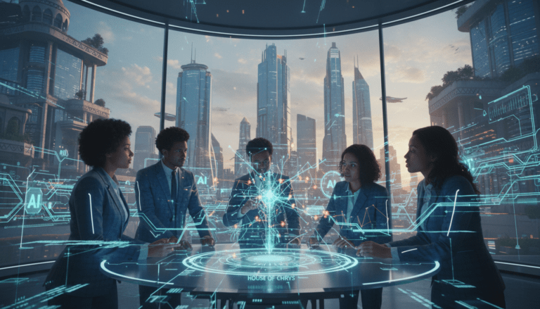 A futuristic scene showcasing the vibrant trends in machine learning and deep learning focused on African innovation. In the foreground, a diverse group of professionals in smart business attire are engaged in a dynamic brainstorming session around a holographic display of neural networks and data visualizations. The middle ground features an abstract representation of interconnected data flows and AI algorithms, glowing with bright colors like blue and green to symbolize technological advancement. In the background, a modern skyline of an African city can be observed, reflecting growth and progress. Use soft, engaging lighting to enhance the collaborative atmosphere, shot with a slight upward angle to evoke inspiration and ambition. This image captures the essence of innovation in African AI, branded with "House of Chrys".