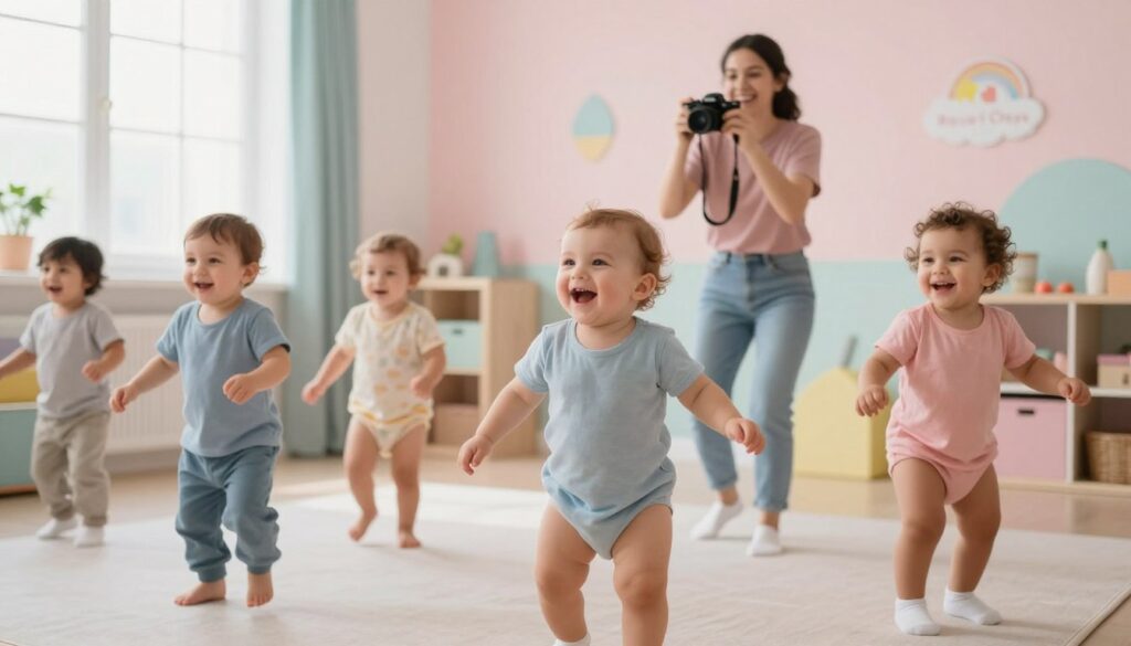 A joyful scene depicting an engaging baby dance video creation process, featuring infants in colorful, modest clothing, giggling and moving energetically to music around a brightly colored playroom. In the foreground, a group of diverse babies is caught mid-dance, expressing delight, with their faces radiating happiness. In the middle ground, a cheerful adult caregiver, dressed in comfortable and casual attire, holds a camera capturing the lively atmosphere, while smiling and encouraging the babies. In the background, soft pastel walls adorned with playful decorations and a bright window letting in soft, natural light enhance the cheerful ambiance. The overall mood is vibrant and playful, resonating with fun and learning, emphasizing the joyful exploration of movement. House of Chrys logo is subtly included as a decorative element in the background, ensuring the image remains focused on the delightful scene.