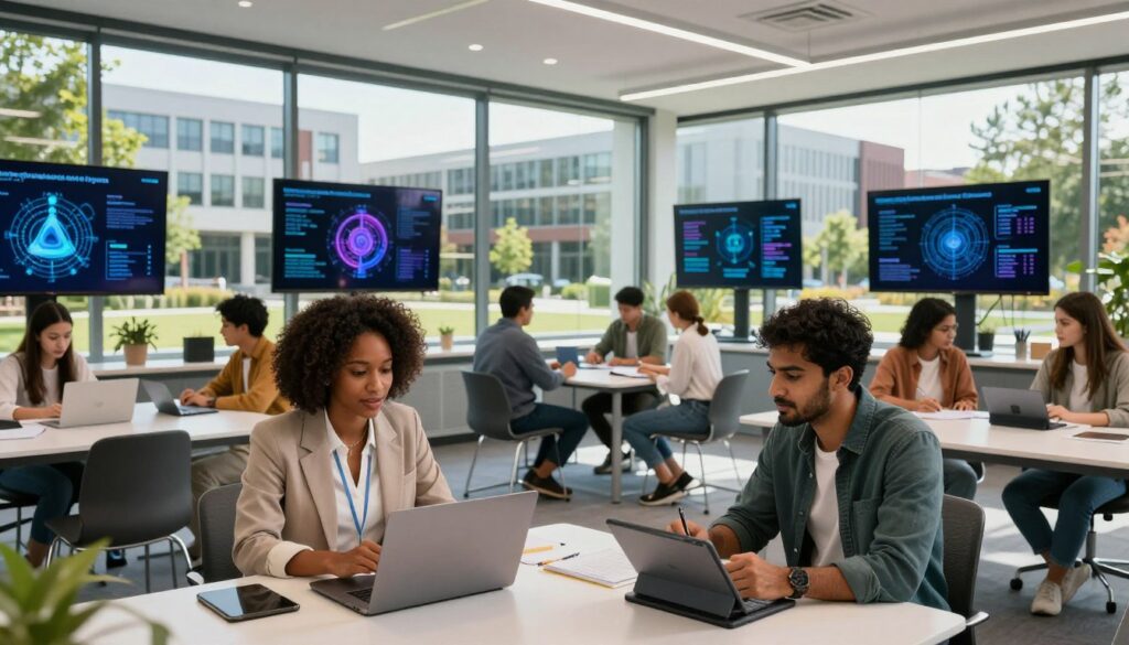 A modern academic setting showcasing a diverse group of students engaged in discussions about postgraduate AI programs. In the foreground, a Black female student in professional attire, looking at a laptop, while a South Asian male student makes notes on a tablet. In the middle, a sleek, glass-walled classroom filled with AI-related diagrams and charts displayed on digital screens. The background features the university campus with modern architecture and greenery. The lighting is bright and inviting, casting soft shadows; a wide-angle view captures the vibrancy of the scene. The mood is focused and collaborative, reflecting the excitement of studying advanced technologies like artificial intelligence. Branding from “House of Chrys” subtly included in the design elements, enhancing the academic environment without overtly dominating the image.