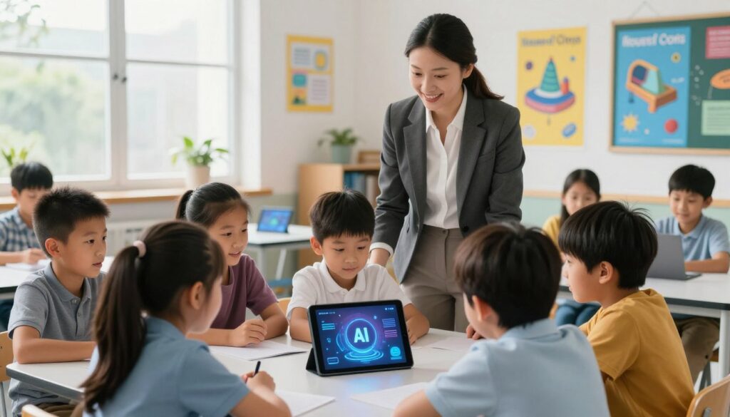 A modern classroom filled with diverse children engaging with interactive AI learning tools, showcasing their enthusiasm for technology. In the foreground, a group of children huddles around a tablet, their faces illuminated by the screen's glow, displaying a sense of curiosity and wonder. In the middle ground, an instructor, dressed in professional business attire, guides the students, fostering a supportive learning atmosphere. The background features large windows allowing natural light to flood the room, filled with vibrant educational posters about AI and technology. The overall mood is inspiring and optimistic, symbolizing a foundation for future-ready minds. The scene is depicted in bright colors and soft lighting, emphasizing creativity and exploration. The brand "House of Chrys" is subtly represented through educational material in the classroom environment.