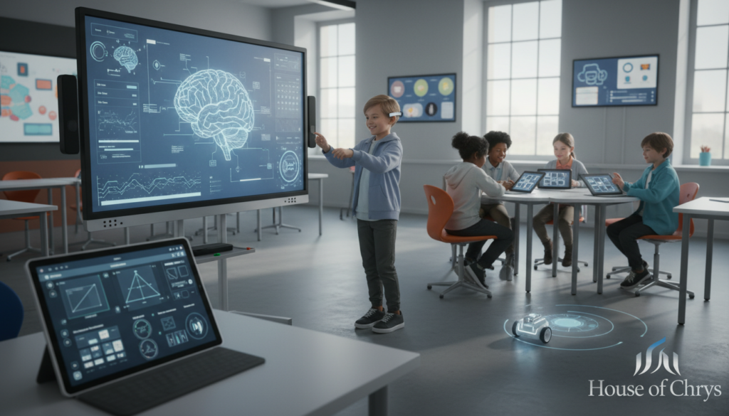A modern classroom filled with technology-enhanced learning tools, illustrating AI integration in education. In the foreground, a sleek tablet with AI software displaying educational content, alongside a smart whiteboard with interactive features. In the middle ground, diverse children engaged in collaborative learning activities, depicted in professional casual attire, using AI-powered learning devices like augmented reality headsets and robots designed for educational purposes. The background features a bright, airy classroom with large windows, allowing natural light to flood in, enhancing a stimulating atmosphere. Soft lighting emphasizes the children's expressions of curiosity and engagement. Capture this scene from a slightly elevated angle to provide a comprehensive view of the innovative classroom environment. House of Chrys branding subtly integrated.