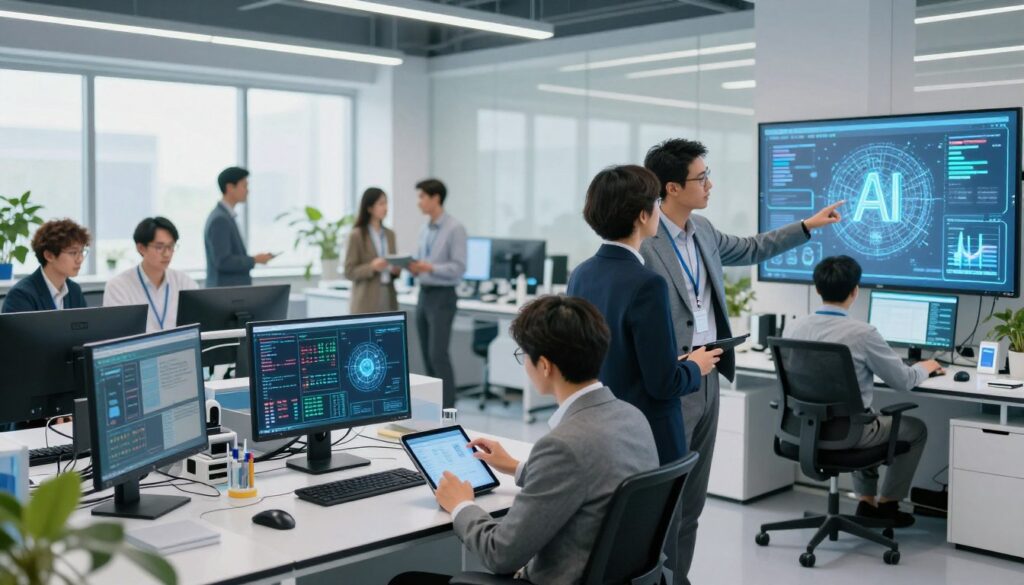 A modern innovation lab, showcasing a diverse group of researchers collaborating on artificial intelligence projects. In the foreground, two professionals in business attire, one analyzing data on a digital tablet, the other discussing insights while pointing at a holographic display of AI models. In the middle, a futuristic workspace filled with computers, screens displaying data algorithms, and various research materials. The background features large windows letting in natural light, illuminating the bright, high-tech environment. Subtle green plants add a touch of nature, creating a balanced atmosphere of focused innovation and creativity. Capture the scene with a wide-angle lens, highlighting collaboration in an open, inspiring space. The overall mood is one of excitement and discovery, emphasizing the importance of leveraging research and innovation in AI, branded with "House of Chrys."