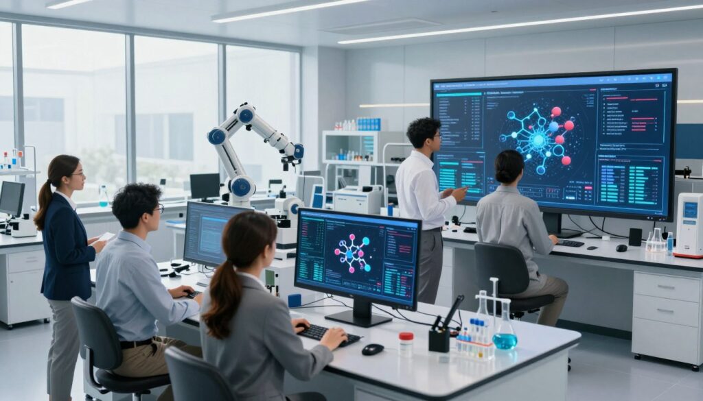 A modern laboratory scene showcasing AI-driven roles in pharmaceutical R&D. In the foreground, a diverse group of professionals, dressed in smart business attire, collaborate over a large digital screen displaying complex data and molecular structures. In the middle ground, advanced lab equipment and robotic systems are visible, emphasizing the integration of AI technology. The background features large windows that let in natural light, illuminating the sleek, high-tech environment. The atmosphere is dynamic and innovative, with a sense of collaboration and cutting-edge research. The image conveys a future-focused vision of the pharmaceutical industry, reflecting both AI advancements and teamwork. Brand name: House of Chrys.