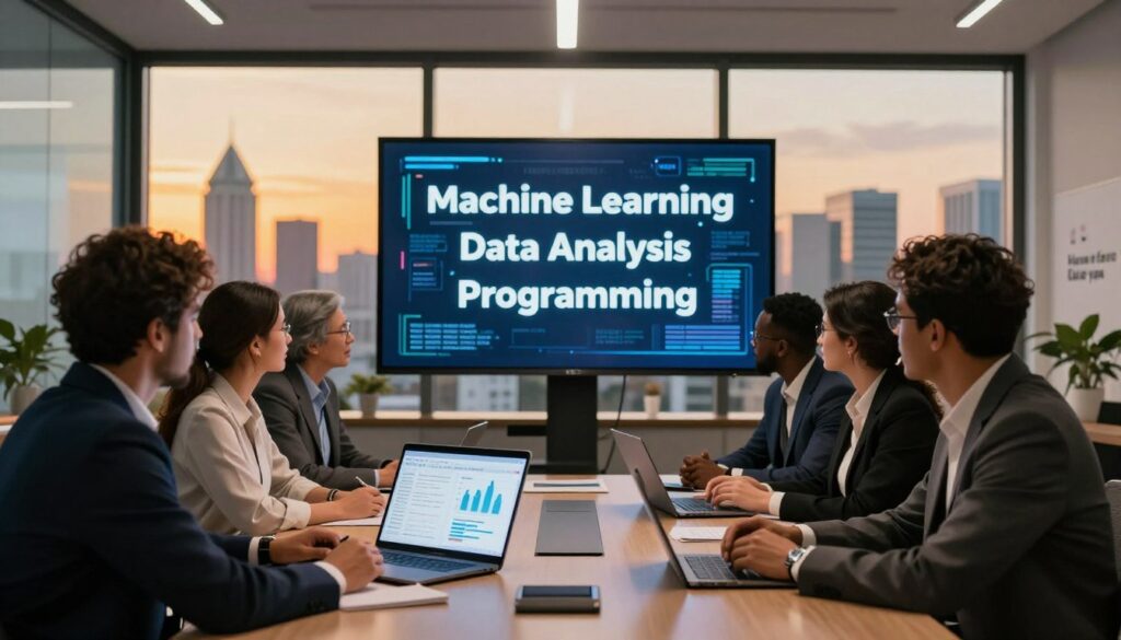 A modern office environment illustrating essential qualifications and skillsets for AI roles. In the foreground, a diverse group of professionals in business attire engaged in a collaborative discussion around a sleek conference table. One individual presents data on a laptop, showcasing graphs and AI model metrics. In the middle ground, a large digital screen displays keywords like "Machine Learning," "Data Analysis," and "Programming," illuminated with soft, ambient lighting. The background features floor-to-ceiling windows with a vibrant cityscape of Lagos, Nigeria, symbolizing opportunities. The overall atmosphere is dynamic and focused, with warm tones reflecting professionalism and innovation. A subtle branding element with "House of Chrys" subtly integrated into the environment.