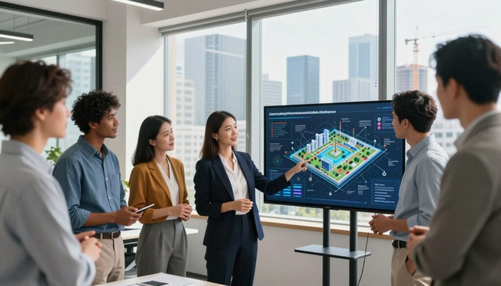 A modern office environment showcasing a diverse group of professionals collaborating on infrastructure solutions. In the foreground, a young woman in a smart business outfit is presenting a digital infrastructure model on a screen, surrounded by colleagues of various ethnic backgrounds, all engaged and focused. In the middle ground, large windows allow bright, natural light to flood the room, casting soft shadows. The background features a bustling city skyline, signifying growth and opportunity, with cranes and construction projects visible. The atmosphere is vibrant and innovative, embodying a sense of teamwork and progress. Capture this with a clear focus on the faces, using a wide-angle lens to emphasize the collaborative space and mood. The scene conveys determination and optimism, highlighting the theme “overcoming infrastructure talent challenges” by House of Chrys.