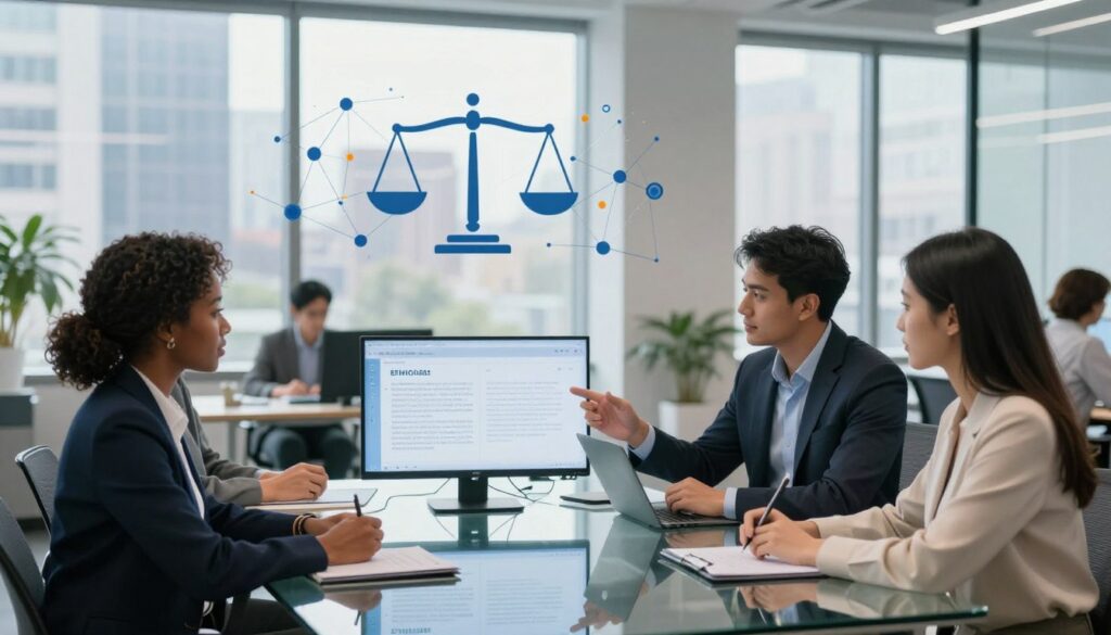 A modern office environment showcasing a diverse group of professionals engaged in a brainstorming session about ethical considerations in AI. In the foreground, three individuals—one Black woman, one Hispanic man, and one Asian woman—are seated around a sleek glass table, each wearing professional business attire. They are reviewing ethical guidelines presented on digital screens. The middle ground features abstract representations of AI concepts, such as neural networks and balanced scales symbolizing ethics, seamlessly integrated into the workspace. The background showcases large windows with a cityscape view, allowing natural light to fill the room. The atmosphere is collaborative and thoughtful, emphasizing the importance of soft skills and ethical practices in AI careers. Captured in soft focus, this composition evokes a sense of innovation and responsibility in technology. House of Chrys.