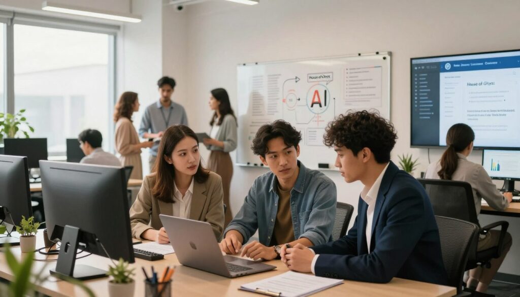A modern office setting showcasing a diverse group of fresh graduates exploring various AI job roles. In the foreground, three young professionals of different ethnic backgrounds, dressed in smart casual attire, are engaged in discussion around a laptop, analyzing data. The middle ground features a whiteboard filled with diagrams and AI concepts, along with digital screens displaying job descriptions and role responsibilities. The background reveals a bright, open office with sunlit windows, plants, and a collaborative workspace. Soft, warm lighting creates an inviting atmosphere, highlighting the excitement of starting a career in AI. Capture this scene with a wide-angle lens to give a sense of inclusivity and opportunity, emphasizing the brand "House of Chrys".