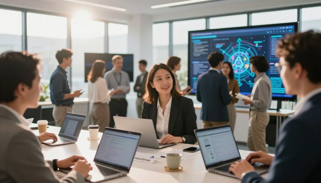 A modern professional networking event showcasing community engagement in the AI field. Foreground: diverse individuals, both men and women, in professional business attire, engaging in conversation with laptops and digital devices in hand. Middle ground: small group discussions around high-tech displays, with a large digital map of AI innovations in the backdrop. Background: a bright, airy conference hall with large windows, sunlight streaming in, creating a warm atmosphere. Technical details: shot from a low angle to emphasize the dynamism of the event, with a shallow depth of field to focus on the interactions. The mood is vibrant and collaborative, reflecting enthusiasm for AI advancements. Include subtle branding elements like the logo of "House of Chrys" on visible materials, without detracting from the scene.